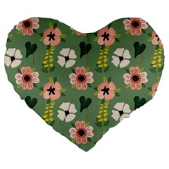 Flower Green Pink Pattern Floral Large 19  Premium Flano Heart Shape Cushions by anzea