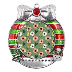 Flower Green Pink Pattern Floral Metal X mas Ribbon With Red Crystal Round Ornament by anzea