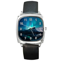 Aurora Borealis Mountain Reflection Square Metal Watch by Grandong