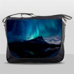 Aurora Borealis Mountain Reflection Messenger Bag by Grandong