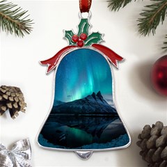 Aurora Borealis Mountain Reflection Metal Holly Leaf Bell Ornament