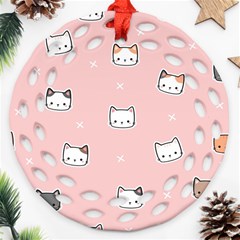 Cute Cat Cartoon Doodle Seamless Pink Pattern Round Filigree Ornament (two Sides)