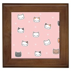 Cute Cat Cartoon Doodle Seamless Pink Pattern Framed Tile by Grandong