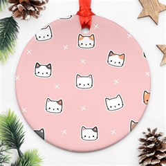 Cute Cat Cartoon Doodle Seamless Pink Pattern Round Ornament (two Sides)