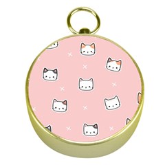 Cute Cat Cartoon Doodle Seamless Pink Pattern Gold Compasses by Grandong