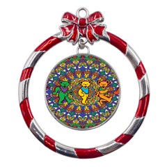 Dead Dancing Bears Grateful Dead Pattern Metal Red Ribbon Round Ornament by Grandong