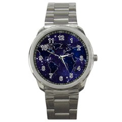 Blue World Map Starry Night Sky World Map Concept Art Sport Metal Watch by Loisa77