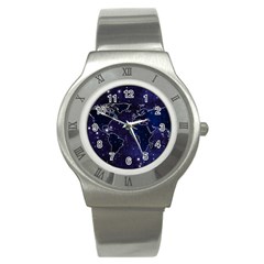 Blue World Map Starry Night Sky World Map Concept Art Stainless Steel Watch