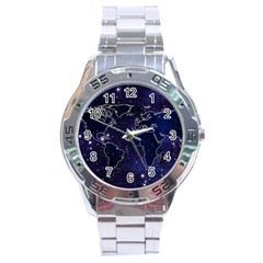 Blue World Map Starry Night Sky World Map Concept Art Stainless Steel Analogue Watch by Loisa77