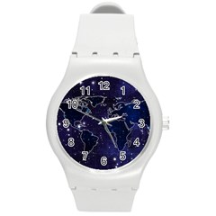 Blue World Map Starry Night Sky World Map Concept Art Round Plastic Sport Watch (m) by Loisa77