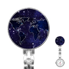 Blue World Map Starry Night Sky World Map Concept Art Stainless Steel Nurses Watch by Loisa77