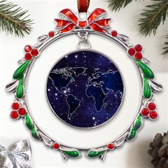 Blue World Map Starry Night Sky World Map Concept Art Metal X mas Wreath Ribbon Ornament by Loisa77