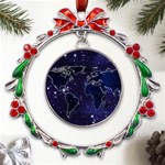 Blue World Map Starry Night Sky World Map Concept Art Metal X mas Wreath Ribbon Ornament Front