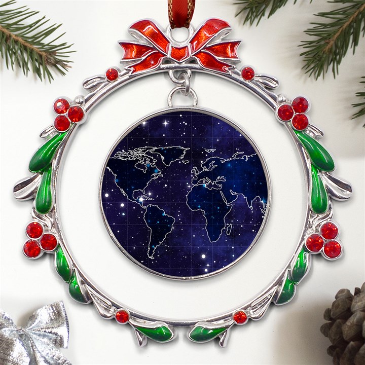 Blue World Map Starry Night Sky World Map Concept Art Metal X mas Wreath Ribbon Ornament