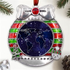 Blue World Map Starry Night Sky World Map Concept Art Metal X mas Ribbon With Red Crystal Round Ornament by Loisa77