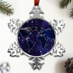 Blue World Map Starry Night Sky World Map Concept Art Metal Small Snowflake Ornament by Loisa77