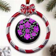 Flowers Nature Bloom Flora Bouquet Metal Red Ribbon Round Ornament by Loisa77