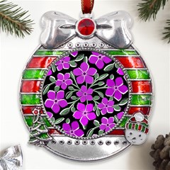 Flowers Nature Bloom Flora Bouquet Metal X mas Ribbon With Red Crystal Round Ornament by Loisa77