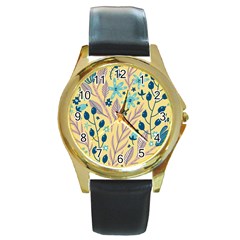 Plants Art Motif Flowers Round Gold Metal Watch