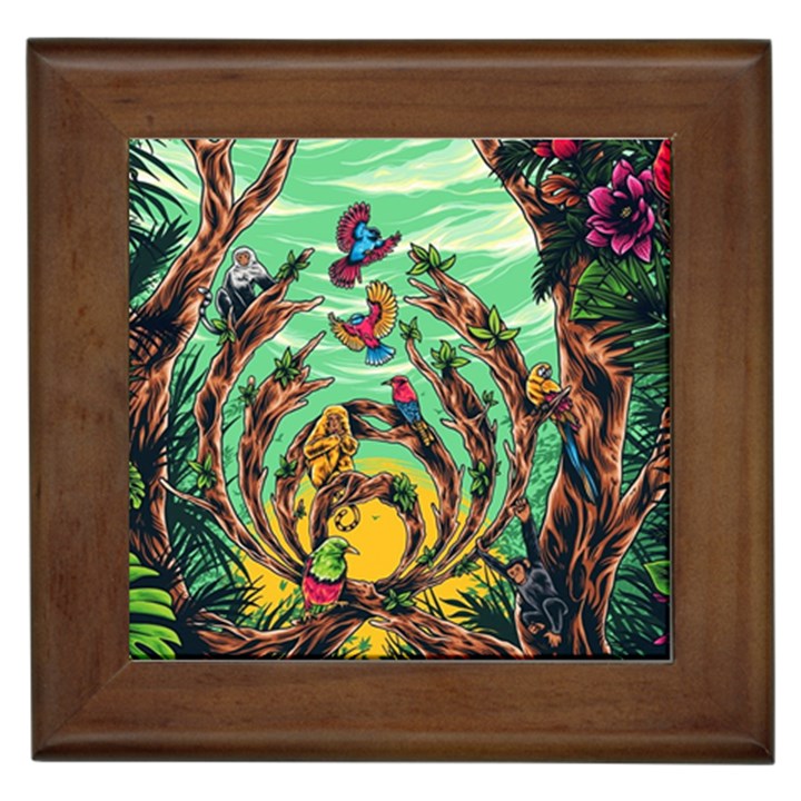 Monkey Tiger Bird Parrot Forest Jungle Style Framed Tile