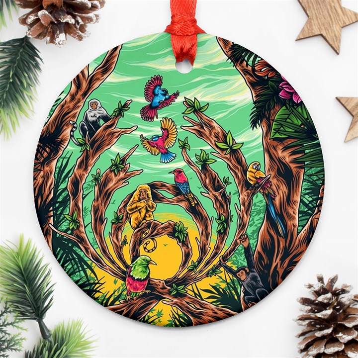 Monkey Tiger Bird Parrot Forest Jungle Style Round Ornament (Two Sides)