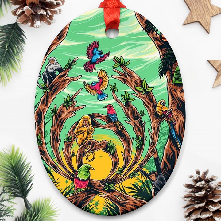 Monkey Tiger Bird Parrot Forest Jungle Style Oval Ornament (Two Sides)