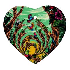 Monkey Tiger Bird Parrot Forest Jungle Style Heart Ornament (two Sides) by Grandong