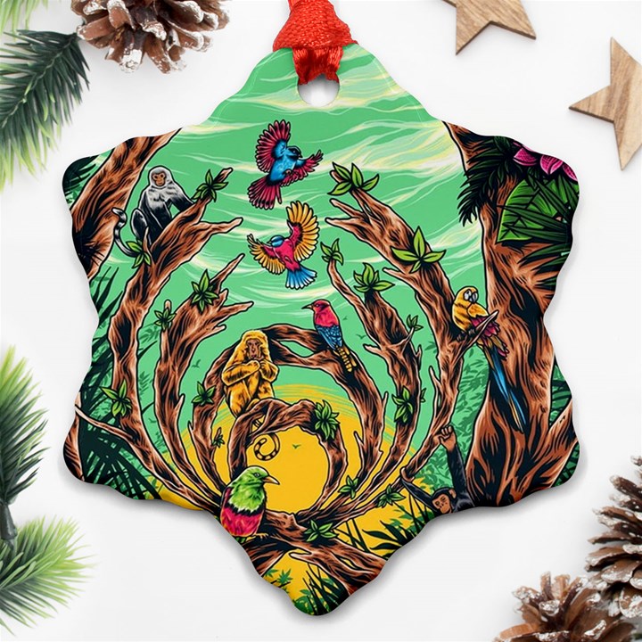 Monkey Tiger Bird Parrot Forest Jungle Style Snowflake Ornament (Two Sides)