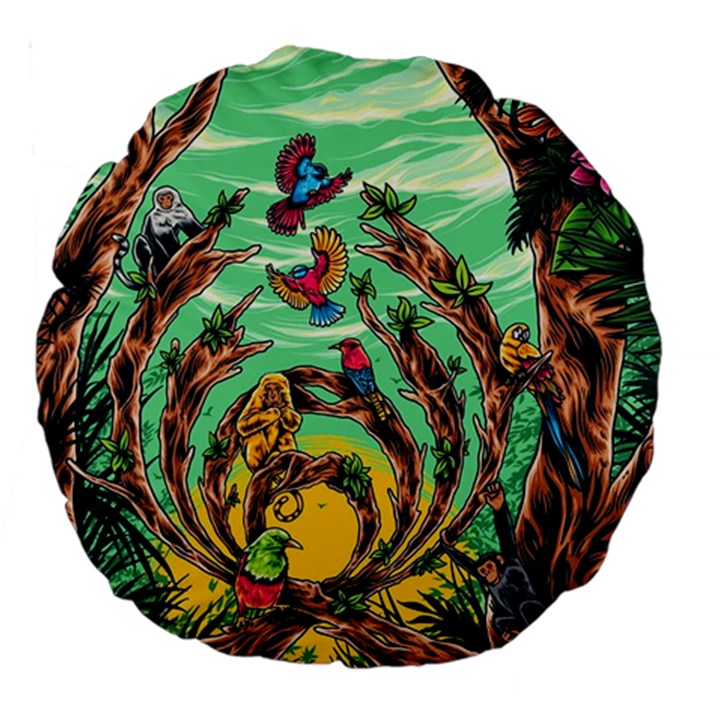 Monkey Tiger Bird Parrot Forest Jungle Style Large 18  Premium Round Cushions