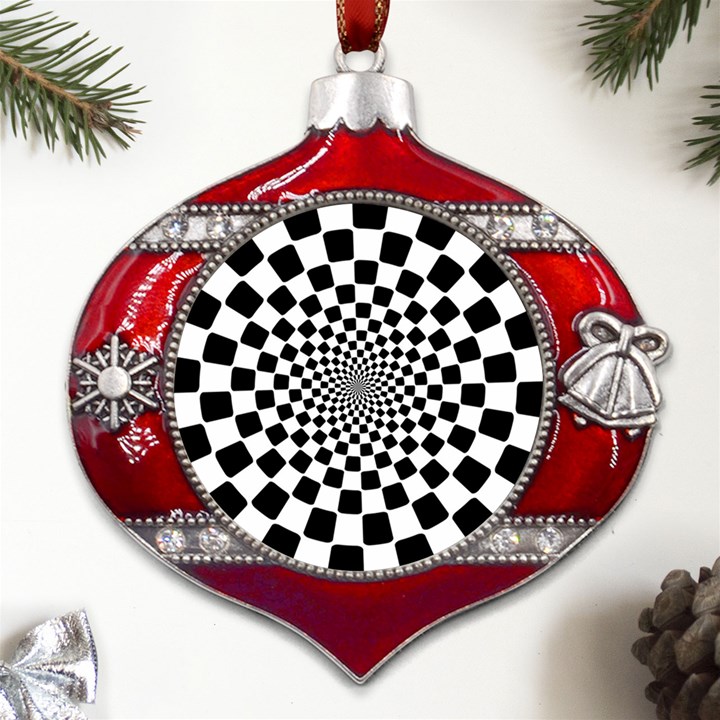 Geomtric Pattern Illusion Shapes Metal Snowflake And Bell Red Ornament