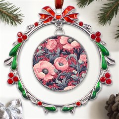 Vintage Floral Poppies Metal X mas Wreath Ribbon Ornament