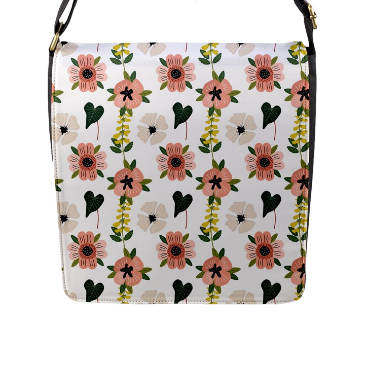 Flower White Pattern Floral Flap Closure Messenger Bag (L)