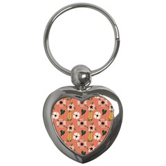 Flower Pink Brown Pattern Floral Key Chain (heart) by anzea