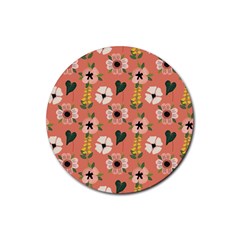 Flower Pink Brown Pattern Floral Rubber Round Coaster (4 Pack)