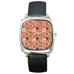 Flower Pink Brown Pattern Floral Square Metal Watch