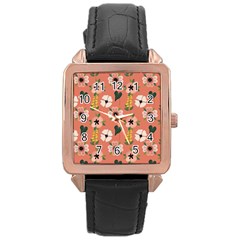 Flower Pink Brown Pattern Floral Rose Gold Leather Watch 