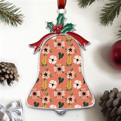 Flower Pink Brown Pattern Floral Metal Holly Leaf Bell Ornament