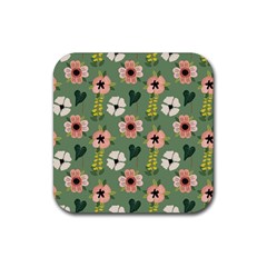 Flower Green Pink Pattern Floral Rubber Coaster (square)