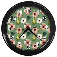 Flower Green Pink Pattern Floral Wall Clock (black) by anzea