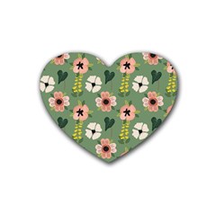 Flower Green Pink Pattern Floral Rubber Coaster (heart)