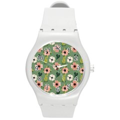 Flower Green Pink Pattern Floral Round Plastic Sport Watch (m)