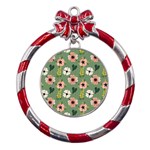 Flower Green Pink Pattern Floral Metal Red Ribbon Round Ornament Front