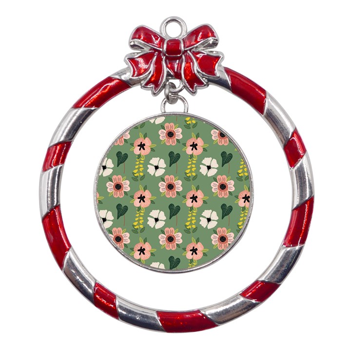 Flower Green Pink Pattern Floral Metal Red Ribbon Round Ornament