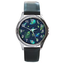 Texture Pattern Green Feather Yellow Peacock Round Metal Watch by Loisa77