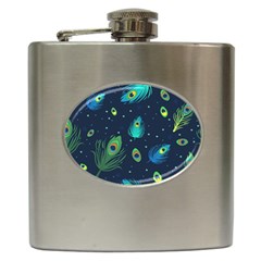 Texture Pattern Green Feather Yellow Peacock Hip Flask (6 Oz) by Loisa77