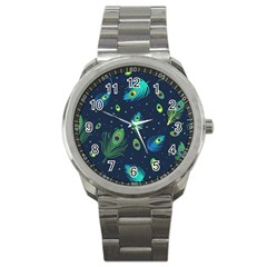 Texture Pattern Green Feather Yellow Peacock Sport Metal Watch by Loisa77