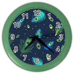 Texture Pattern Green Feather Yellow Peacock Color Wall Clock by Loisa77