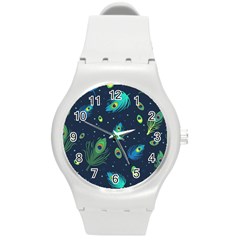 Texture Pattern Green Feather Yellow Peacock Round Plastic Sport Watch (m) by Loisa77