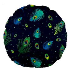 Texture Pattern Green Feather Yellow Peacock Large 18  Premium Flano Round Cushions by Loisa77