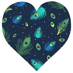 Texture Pattern Green Feather Yellow Peacock Wooden Puzzle Heart by Loisa77